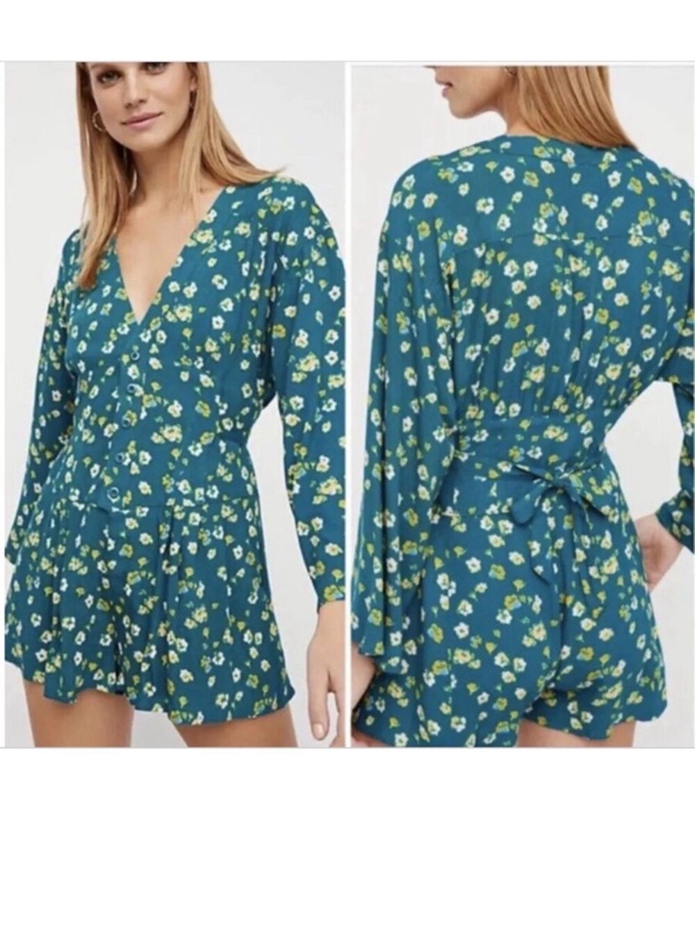 Free People Teal Floral Wrap Romper with Yellow & White Flowers